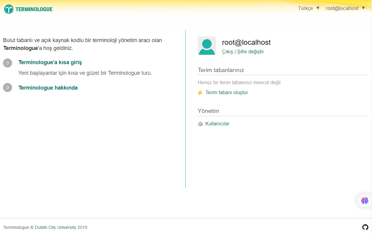 Giriş yaptıktan sonra size ait Terminologue ana sayfası.