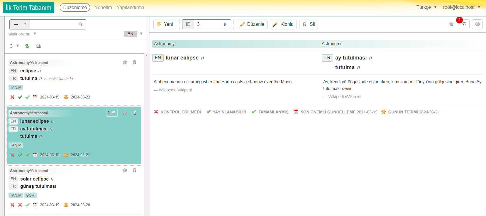 Sol tarafta kayıt listesi ve sağ tarafta düzenleme alanı ile Terminologue düzenleme arayüzü.