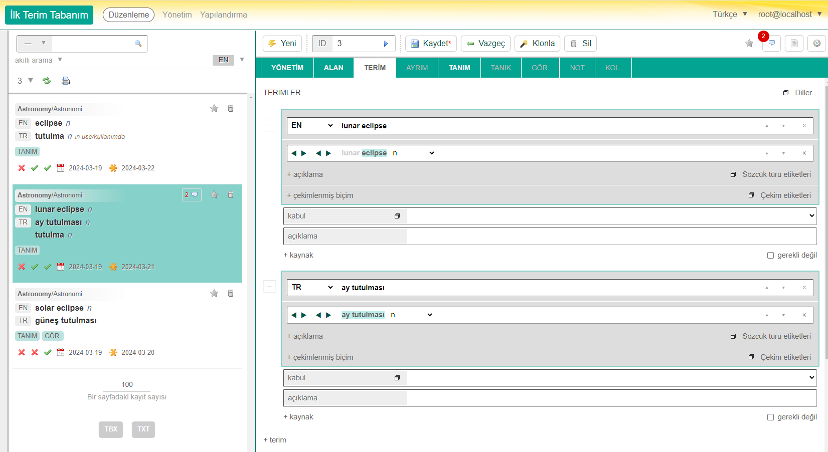 Düzenlemeye açılmış bir kayıt.