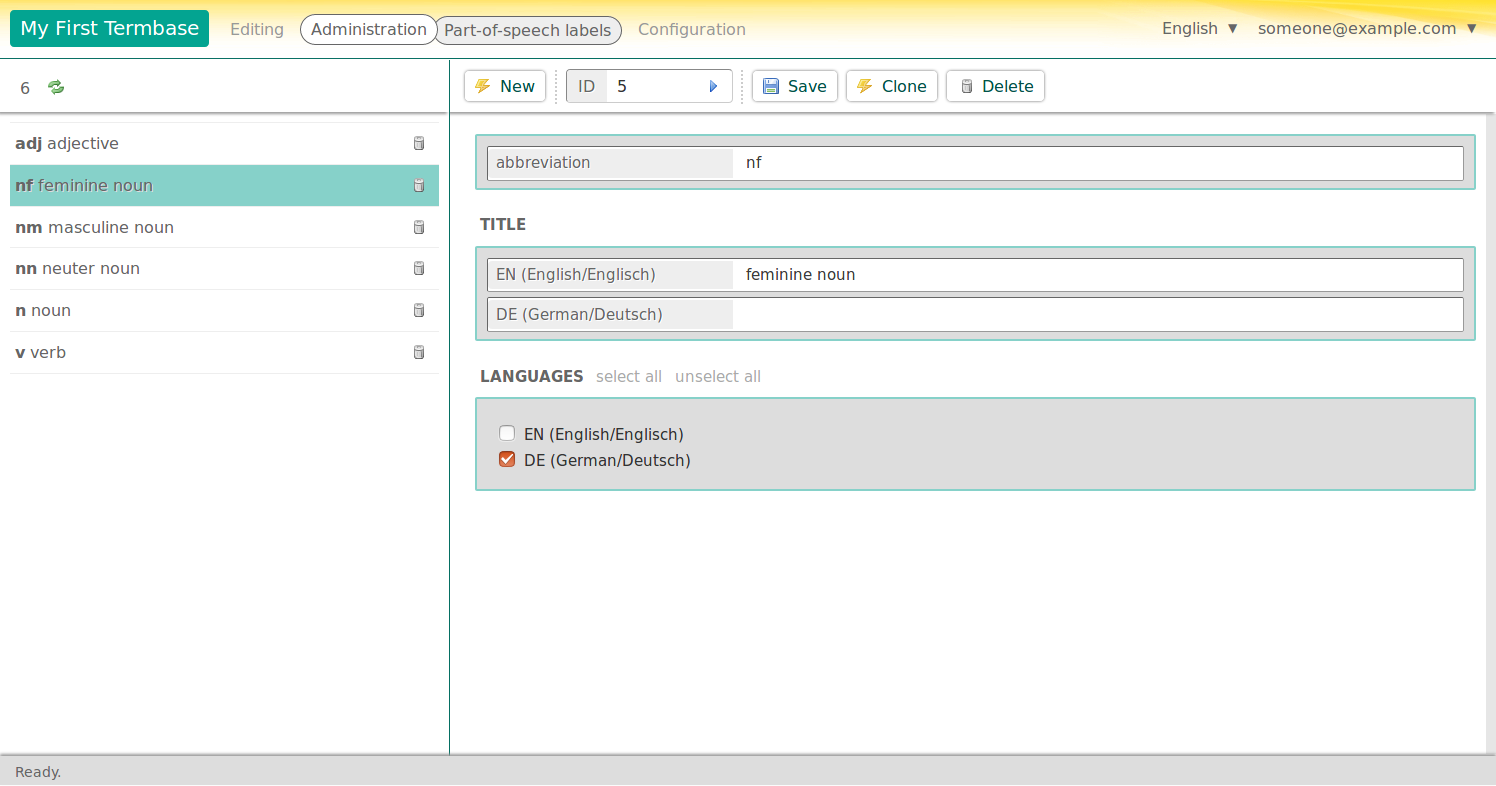 The Administration section where you can configure various lists for your termbase, such as part-of-speech labels (shown here).