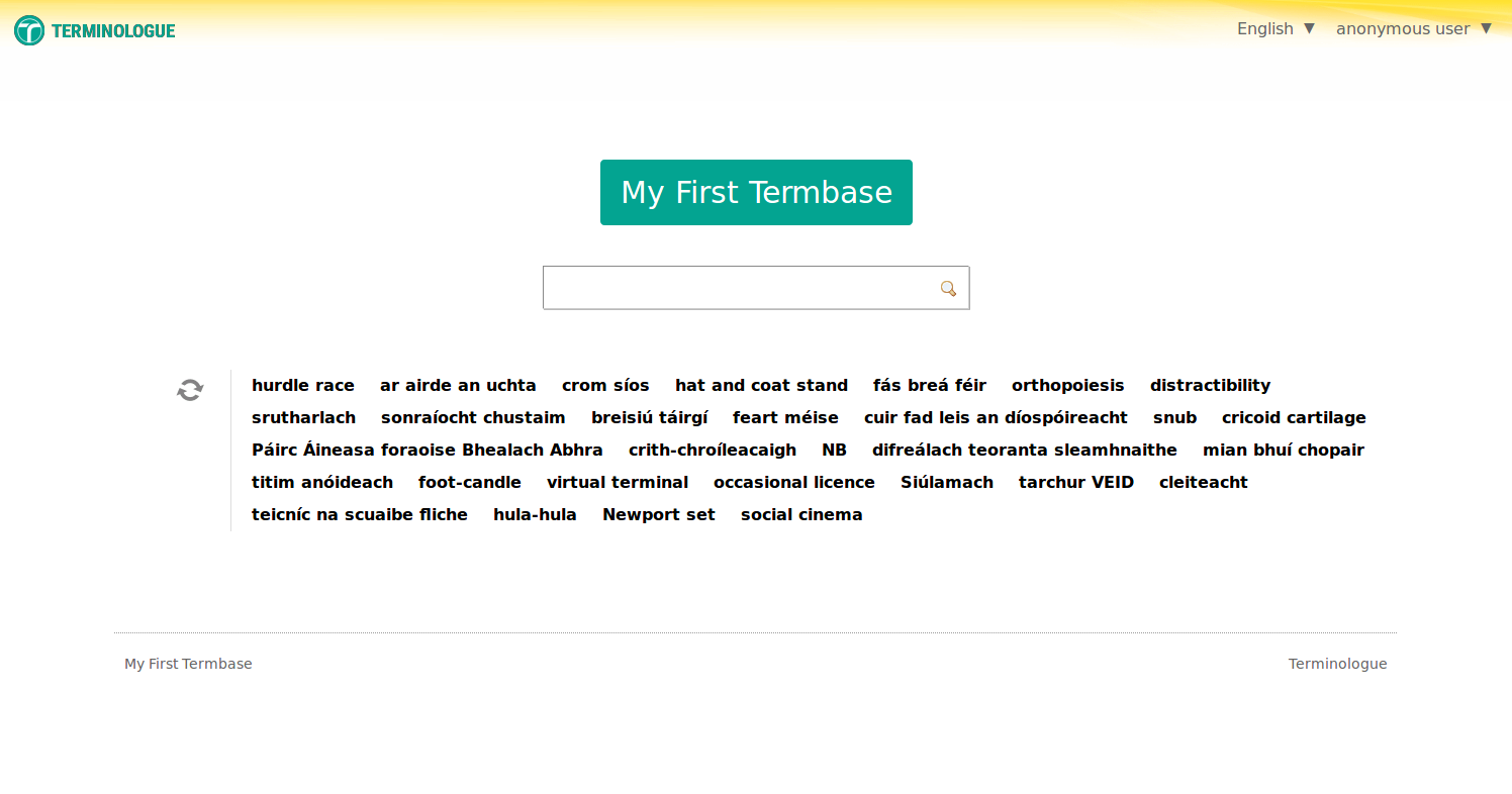 The homepage of a publicly viewable termbase.