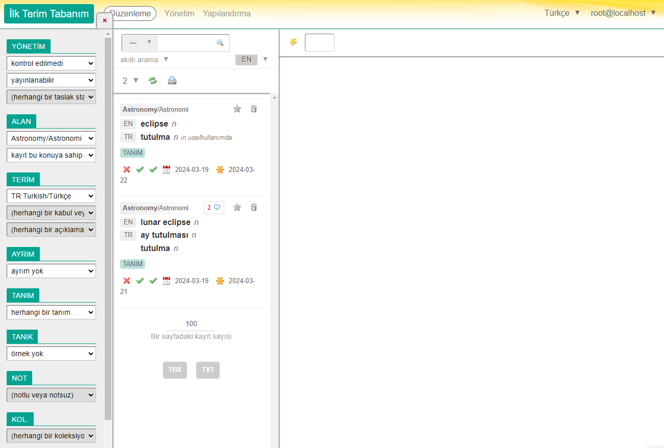Terminologue'un çok yönlü filtreleme özelliği sayesinde kayıtların etki alanına göre filtrelenmesi.