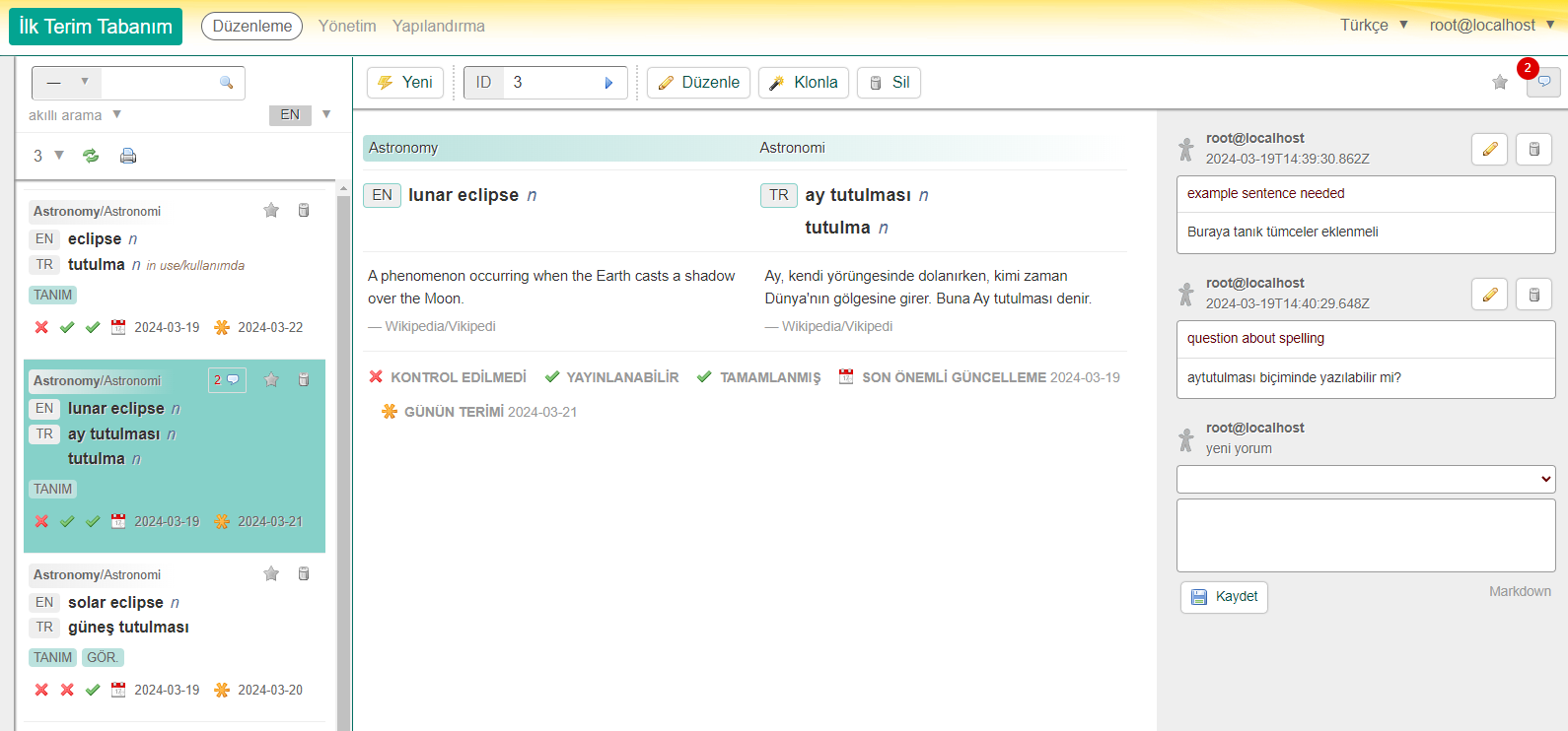 Birkaç etiket ve not içeren bir kayıt.
