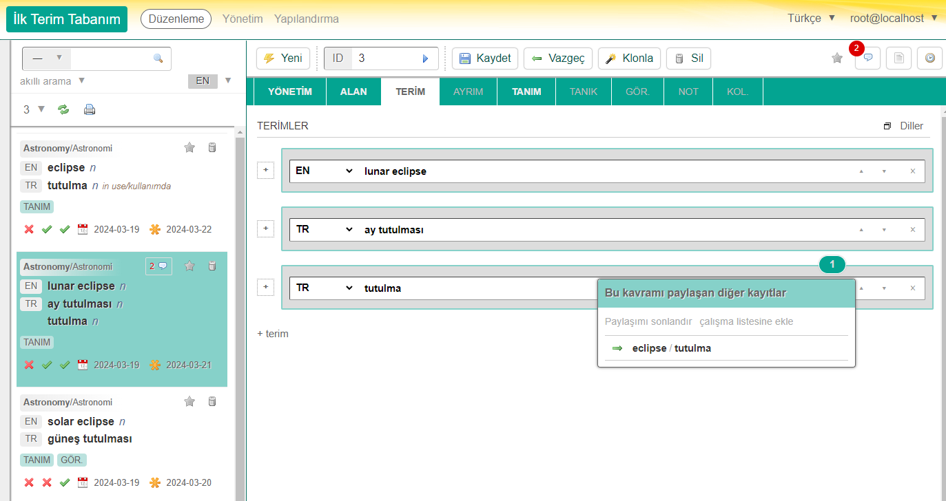 Bu kayıt iki belirtim içermektedir ve bunlardan birisi diğer bir kayıtla paylaşılmaktadır.