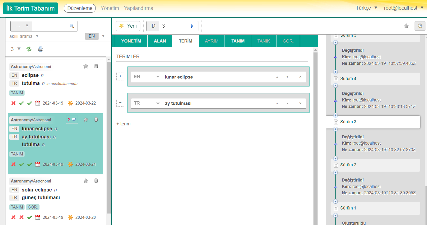 Bir kaydın geçmişi Terminologue'da bir zaman çizelgesi olarak görüntülenir.
