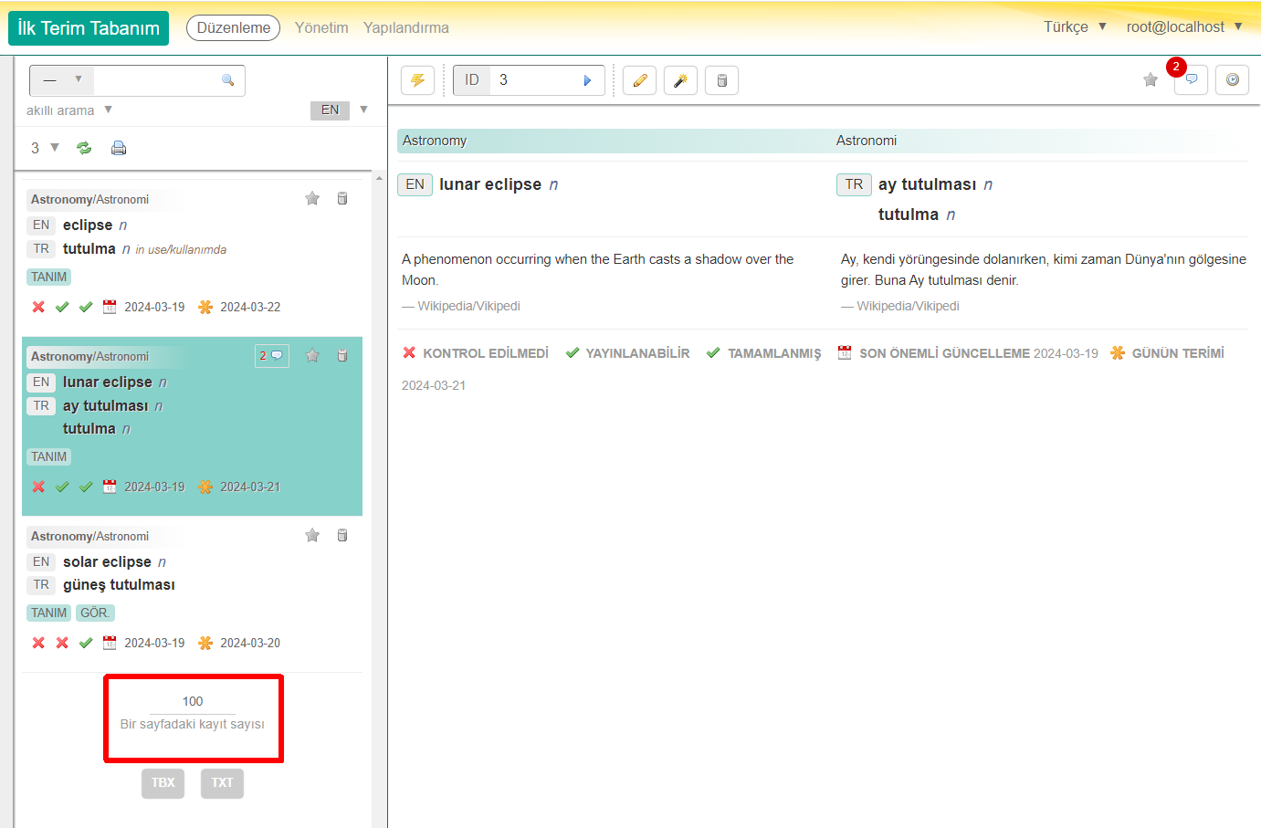 Düzenleme arayüzünden TBX veya TXT'ye dışa aktarma.